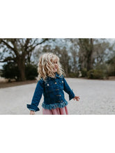 Load image into Gallery viewer, Kids Dark Wash Faded Denim Fringe Winter Button Jacket