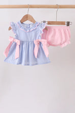 Load image into Gallery viewer, Preorder Pink and Blue Stripe Bow Ruffle Bloomers Set