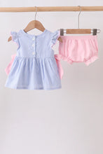 Load image into Gallery viewer, Preorder Pink and Blue Stripe Bow Ruffle Bloomers Set