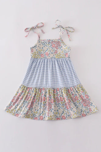 Floral and Blue Gingham Tiered Summer Dress
