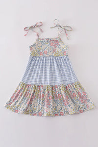 Floral and Blue Gingham Tiered Summer Dress