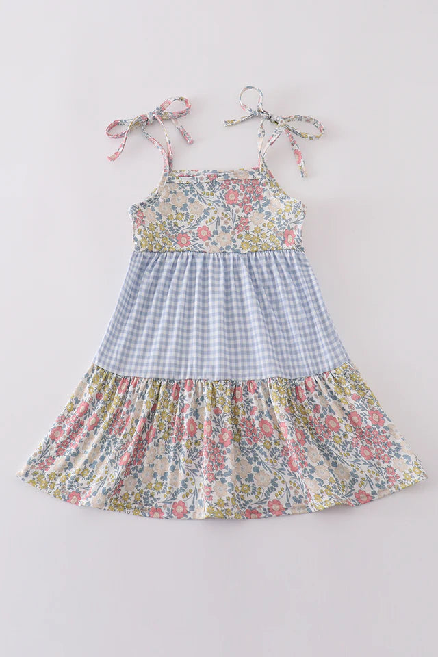 Floral and Blue Gingham Tiered Summer Dress