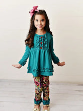 Load image into Gallery viewer, Kids Teal Plum Floral Ruffle Button Fall Two Piece Set