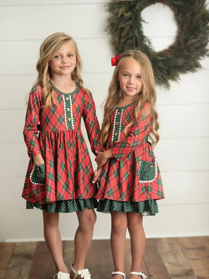 Kids Red Green Plaid Ruffle Button Holiday Christmas Dress