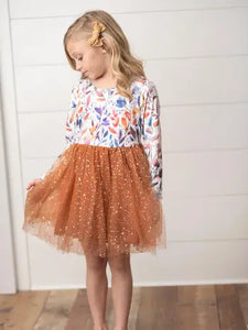 Kids Autumn Fall Floral Print Tulle Sparkle Dress