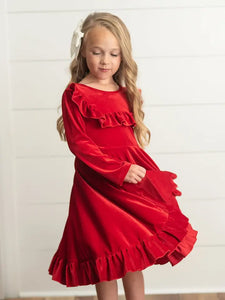 Kids Red Velvet Ruffle Fancy Winter Christmas Party Dress