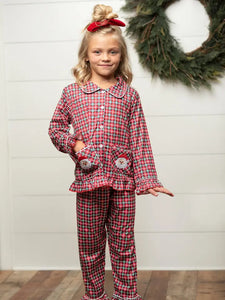 Kids Santa Plaid Pocket Button Christmas Winter Lounge Set