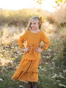 Mustard Polka Dot Tiered Bow Maxi Dress