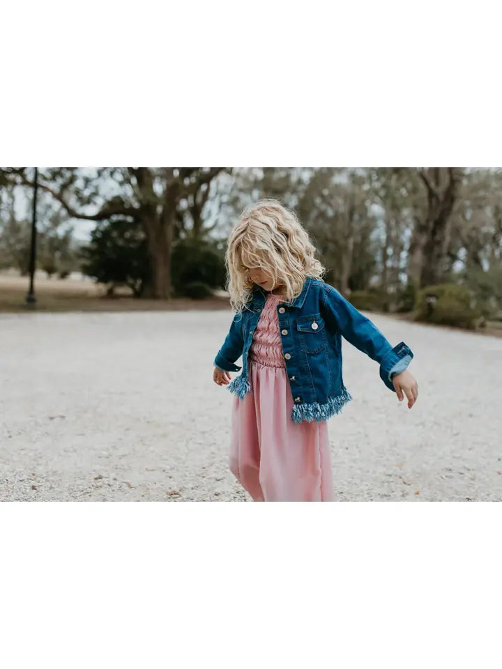 Kids Dark Wash Faded Denim Fringe Winter Button Jacket