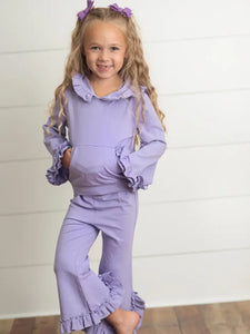 Kids Purple Hooded Ruffle Pocket Lounge Set