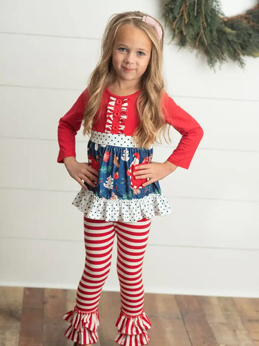 Kids Christmas Holiday Candy Cane Stripe Ruffle Pocket Set