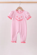 Load image into Gallery viewer, Preorder Pink Stripe Jack-O-Lantern Applique Ruffle Romper