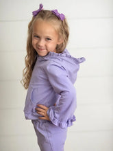 Load image into Gallery viewer, Kids Purple Hooded Ruffle Pocket Lounge Set