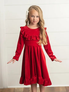 Kids Red Velvet Ruffle Fancy Winter Christmas Party Dress