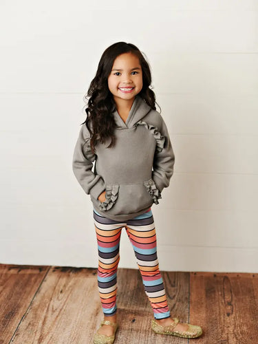 Kids Gray Ruffle Hoodie and Rainbow Stripe Leggings Fall Set