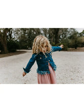 Load image into Gallery viewer, Kids Dark Wash Faded Denim Fringe Winter Button Jacket