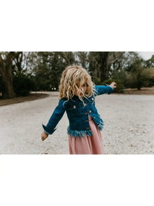 Kids Dark Wash Faded Denim Fringe Winter Button Jacket