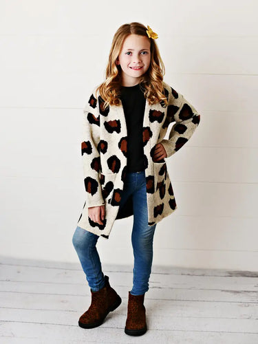 Kids Leopard Print Long Sleeve Cardigan Pocket Sweater