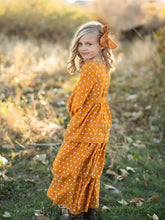 Load image into Gallery viewer, Mustard Polka Dot Tiered Bow Maxi Dress