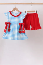 Load image into Gallery viewer, Preorder Blue Gingham Apple Applique Ruffle Shorts Set
