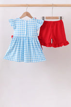 Load image into Gallery viewer, Preorder Blue Gingham Apple Applique Ruffle Shorts Set