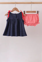 Load image into Gallery viewer, Preorder Apple Applique Denim and Red Gingham Ruffle Bloomers Set