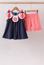 Load image into Gallery viewer, Preorder Apple Applique Denim Ruffle Shorts Set