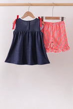 Load image into Gallery viewer, Preorder Apple Applique Denim Ruffle Shorts Set