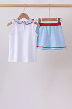 Load image into Gallery viewer, Preorder Blue Scalloped Apple Bow Skorts Set
