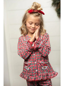 Kids Santa Plaid Pocket Button Christmas Winter Lounge Set