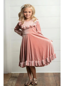 Kids Pink Velvet Ruffle Fancy Winter Christmas Holiday Dress