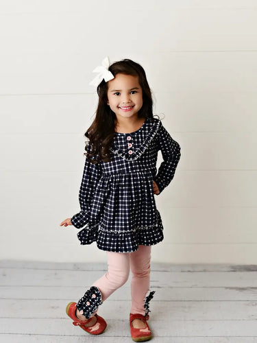 Kids Pink & Navy Gingham Check Button Ruffle Fall Pant Set