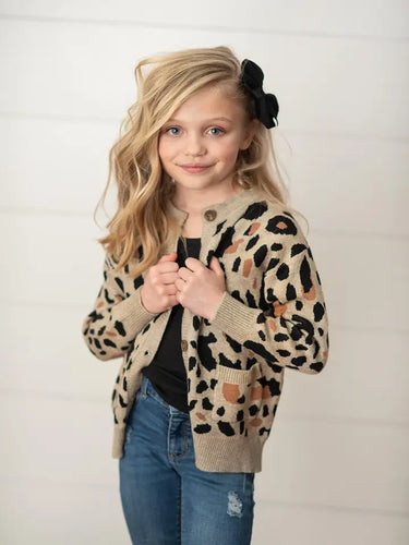 Kids Leopard Button Pocket Cardigan Fall Winter Sweater