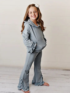 Kids Gray Hooded Ruffle Pocket Lounge Set