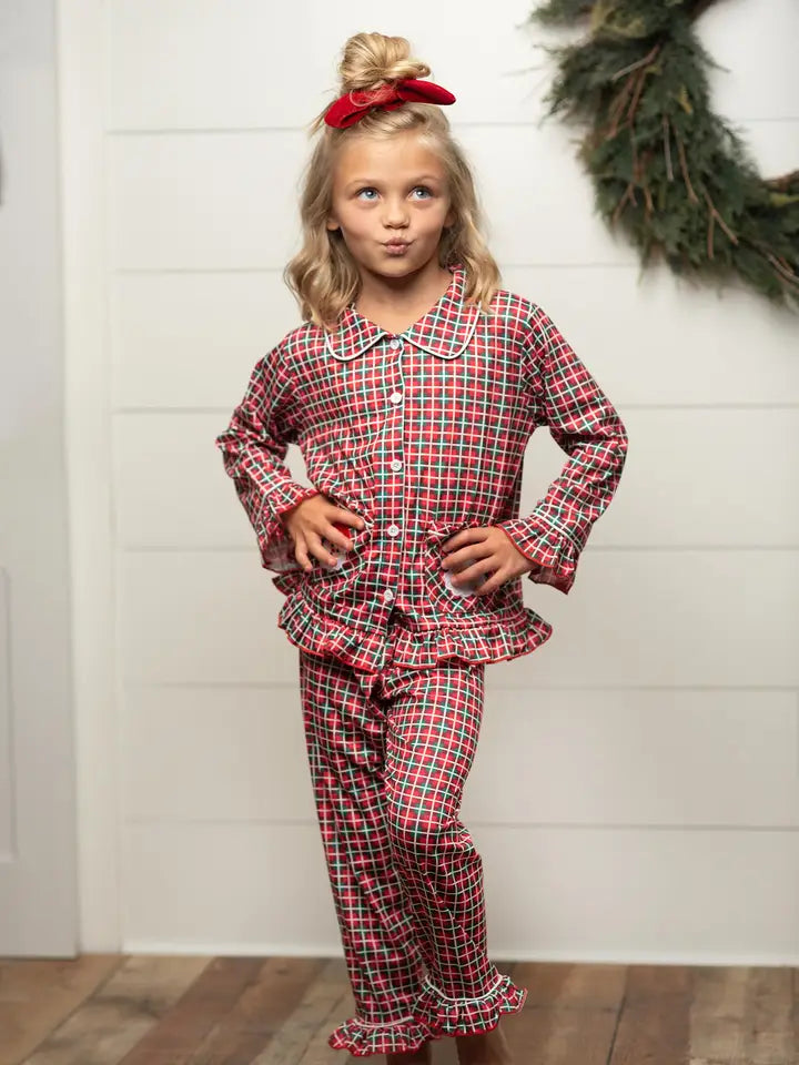 Kids Santa Plaid Pocket Button Christmas Winter Lounge Set