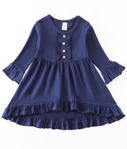Navy Ruffle Dress with Accent Buttons